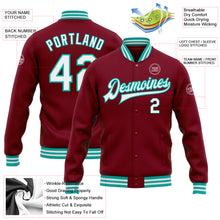 Load image into Gallery viewer, Custom Crimson White-Aqua Bomber Full-Snap Varsity Letterman Jacket