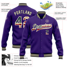 Charger l'image dans la galerie, Custom Purple Vintage USA Flag Cream-Black Bomber Full-Snap Varsity Letterman Jacket