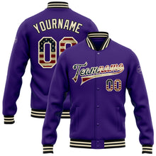 Charger l'image dans la galerie, Custom Purple Vintage USA Flag Cream-Black Bomber Full-Snap Varsity Letterman Jacket