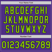 Charger l'image dans la galerie, Custom Purple Neon Green-Black Bomber Full-Snap Varsity Letterman Jacket