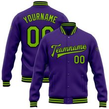 Charger l'image dans la galerie, Custom Purple Neon Green-Black Bomber Full-Snap Varsity Letterman Jacket