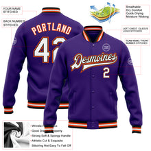 Charger l'image dans la galerie, Custom Purple White Black-Orange Bomber Full-Snap Varsity Letterman Jacket