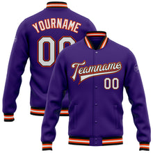 Charger l'image dans la galerie, Custom Purple White Black-Orange Bomber Full-Snap Varsity Letterman Jacket