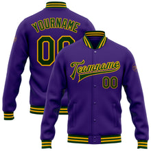 Charger l'image dans la galerie, Custom Purple Green-Gold Bomber Full-Snap Varsity Letterman Jacket