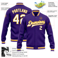 Load image into Gallery viewer, Custom Purple White-Gold Bomber Full-Snap Varsity Letterman Jacket