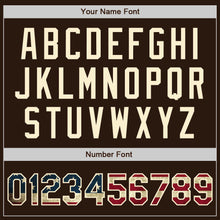 Загрузить изображение в средство просмотра галереи, Custom Brown Vintage USA Flag Cream-Maroon Bomber Full-Snap Varsity Letterman Jacket