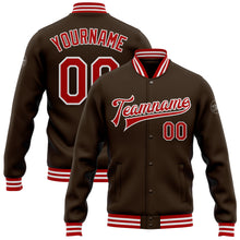 Charger l'image dans la galerie, Custom Brown Red-White Bomber Full-Snap Varsity Letterman Jacket