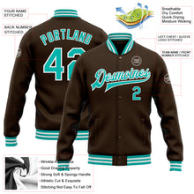 Load image into Gallery viewer, Custom Brown Aqua-White Bomber Full-Snap Varsity Letterman Jacket