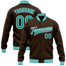 Load image into Gallery viewer, Custom Brown Aqua-White Bomber Full-Snap Varsity Letterman Jacket