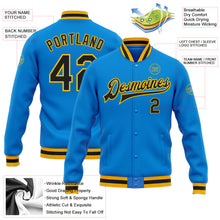 Load image into Gallery viewer, Custom Powder Blue Black-Gold Bomber Full-Snap Varsity Letterman Jacket