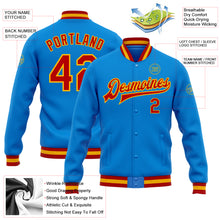 Charger l'image dans la galerie, Custom Powder Blue Red-Gold Bomber Full-Snap Varsity Letterman Jacket