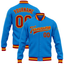 Charger l'image dans la galerie, Custom Powder Blue Red-Gold Bomber Full-Snap Varsity Letterman Jacket