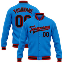 Load image into Gallery viewer, Custom Powder Blue Black-Red Bomber Full-Snap Varsity Letterman Jacket