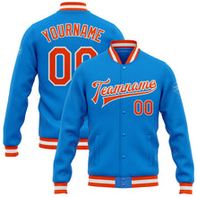 Load image into Gallery viewer, Custom Powder Blue Orange-White Bomber Full-Snap Varsity Letterman Jacket
