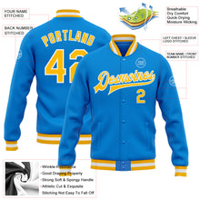 Load image into Gallery viewer, Custom Powder Blue Gold-White Bomber Full-Snap Varsity Letterman Jacket