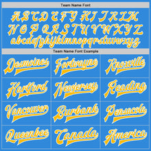 Load image into Gallery viewer, Custom Powder Blue Gold-White Bomber Full-Snap Varsity Letterman Jacket