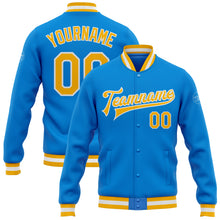 Load image into Gallery viewer, Custom Powder Blue Gold-White Bomber Full-Snap Varsity Letterman Jacket