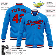 Load image into Gallery viewer, Custom Powder Blue Red-Navy Bomber Full-Snap Varsity Letterman Jacket