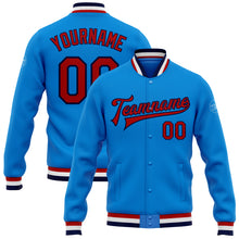 Load image into Gallery viewer, Custom Powder Blue Red-Navy Bomber Full-Snap Varsity Letterman Jacket
