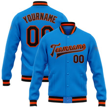Load image into Gallery viewer, Custom Powder Blue Black-Orange Bomber Full-Snap Varsity Letterman Jacket