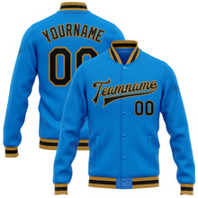 Load image into Gallery viewer, Custom Powder Blue Black-Old Gold Bomber Full-Snap Varsity Letterman Jacket