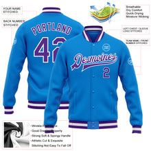 Load image into Gallery viewer, Custom Powder Blue Purple-White Bomber Full-Snap Varsity Letterman Jacket