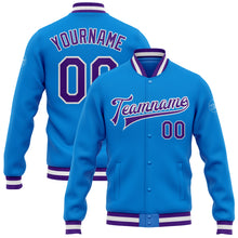 Load image into Gallery viewer, Custom Powder Blue Purple-White Bomber Full-Snap Varsity Letterman Jacket