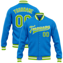 Load image into Gallery viewer, Custom Powder Blue Neon Green-White Bomber Full-Snap Varsity Letterman Jacket