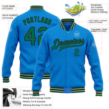 Load image into Gallery viewer, Custom Powder Blue Kelly Green Black-Cream Bomber Full-Snap Varsity Letterman Jacket