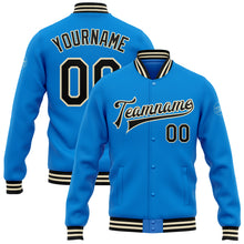 Load image into Gallery viewer, Custom Powder Blue Black-Cream Bomber Full-Snap Varsity Letterman Jacket