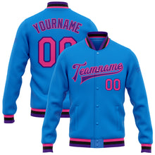 Load image into Gallery viewer, Custom Powder Blue Pink Purple-Black Bomber Full-Snap Varsity Letterman Jacket