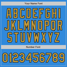 Load image into Gallery viewer, Custom Powder Blue Old Gold-Black Bomber Full-Snap Varsity Letterman Jacket