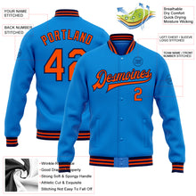 Load image into Gallery viewer, Custom Powder Blue Orange-Navy Bomber Full-Snap Varsity Letterman Jacket