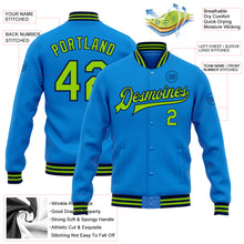 Load image into Gallery viewer, Custom Powder Blue Neon Green-Navy Bomber Full-Snap Varsity Letterman Jacket