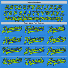 Load image into Gallery viewer, Custom Powder Blue Neon Green-Navy Bomber Full-Snap Varsity Letterman Jacket