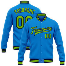 Load image into Gallery viewer, Custom Powder Blue Neon Green-Navy Bomber Full-Snap Varsity Letterman Jacket