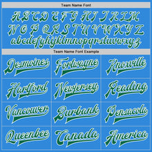 Load image into Gallery viewer, Custom Powder Blue Kelly Green-White Bomber Full-Snap Varsity Letterman Jacket