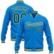 Load image into Gallery viewer, Custom Powder Blue Kelly Green-White Bomber Full-Snap Varsity Letterman Jacket