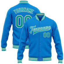Load image into Gallery viewer, Custom Powder Blue Aqua-White Bomber Full-Snap Varsity Letterman Jacket