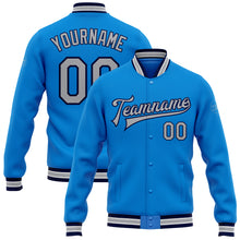 Charger l'image dans la galerie, Custom Powder Blue Gray-Navy Bomber Full-Snap Varsity Letterman Jacket