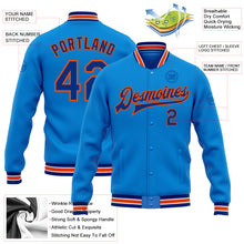 Load image into Gallery viewer, Custom Powder Blue Royal-Orange Bomber Full-Snap Varsity Letterman Jacket