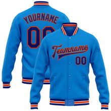 Load image into Gallery viewer, Custom Powder Blue Royal-Orange Bomber Full-Snap Varsity Letterman Jacket