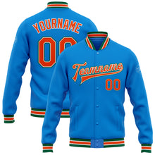 Load image into Gallery viewer, Custom Powder Blue Orange-Kelly Green Bomber Full-Snap Varsity Letterman Jacket