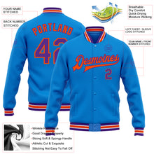 Load image into Gallery viewer, Custom Powder Blue Purple-Orange Bomber Full-Snap Varsity Letterman Jacket