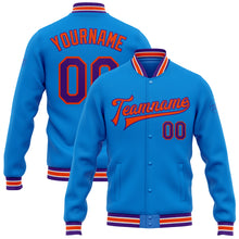 Load image into Gallery viewer, Custom Powder Blue Purple-Orange Bomber Full-Snap Varsity Letterman Jacket
