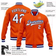 Laden Sie das Bild in den Galerie-Viewer, Custom Orange White-Royal Bomber Full-Snap Varsity Letterman Jacket