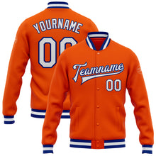 Laden Sie das Bild in den Galerie-Viewer, Custom Orange White-Royal Bomber Full-Snap Varsity Letterman Jacket
