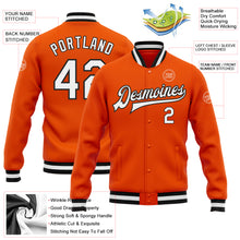 Laden Sie das Bild in den Galerie-Viewer, Custom Orange White-Black Bomber Full-Snap Varsity Letterman Jacket