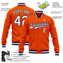 Laden Sie das Bild in den Galerie-Viewer, Custom Orange White-Navy Bomber Full-Snap Varsity Letterman Jacket