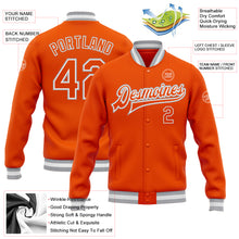 Laden Sie das Bild in den Galerie-Viewer, Custom Orange White-Gray Bomber Full-Snap Varsity Letterman Jacket